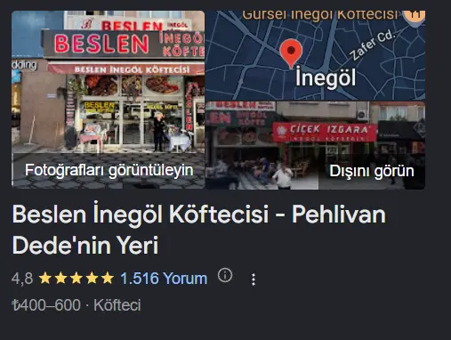 Beslen İnegöl Köftecisi Google Haritalar profili, yorumları ve konumu gör