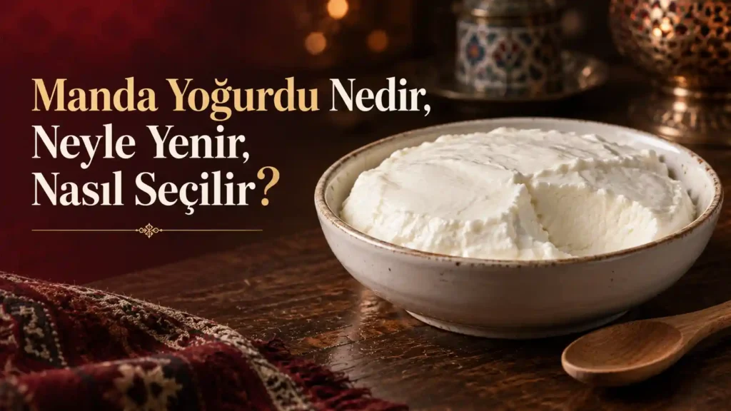 Koyu kıvamlı, yüzeyi kaymaklı manda yoğurdu.