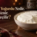 Koyu kıvamlı, yüzeyi kaymaklı manda yoğurdu.