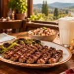 Pencere kenarında İnegöl köftesi, piyaz, ayran ve ekmek arası köfte; masada araba anahtarı ve yol haritası