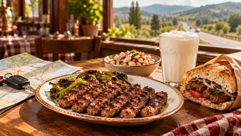 Pencere kenarında İnegöl köftesi, piyaz, ayran ve ekmek arası köfte; masada araba anahtarı ve yol haritası