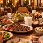 Geniş salonda birleştirilmiş uzun masada İnegöl köftesi, piyaz, salata ve ayranla kurulmuş kalabalık sofra