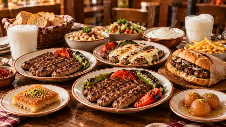 Ahşap masada sade, kaşarlı ve acılı İnegöl köfte tabakları, ekmek arası köfte, piyaz, salata, yoğurt, patates, tatlılar ve ayran