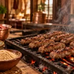 Kömür közü üzerinde döküm ızgarada pişen aynı boyda İnegöl köfteleri, yanında kuru soğan ve ekmek kırıntısı