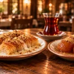 Sütlü şerbetli, cevizli kadayıf ve şerbetli Kemalpaşa tatlısı yan yana, arkada ince belli bardakta çay
