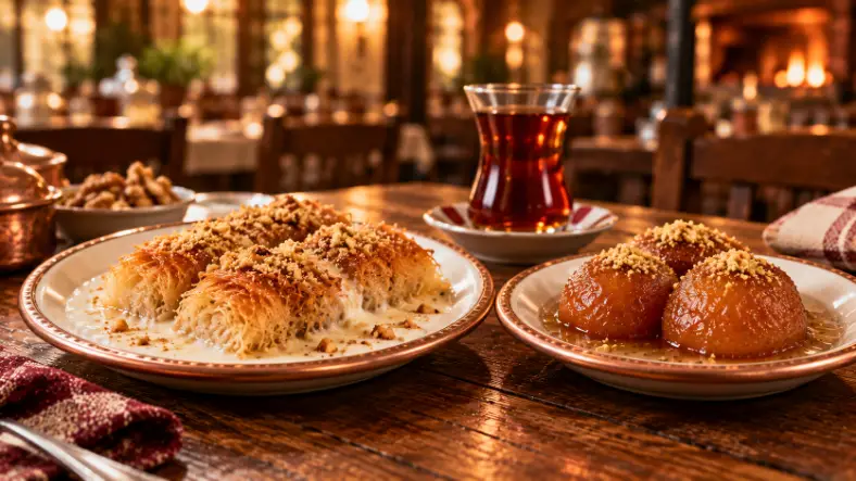 Sütlü şerbetli, cevizli kadayıf ve şerbetli Kemalpaşa tatlısı yan yana, arkada ince belli bardakta çay
